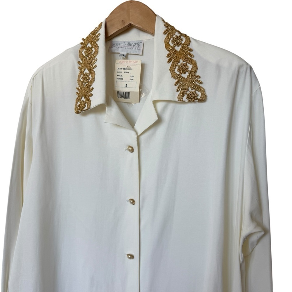 VTG! NWT 80’s 90’s Women's Ivory Blouse S Gold Embroidered Collar Pearl Buttons